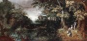 Claes Dircksz.van er heck, A wooded landscape with huntsmen in the foreground,a town beyond